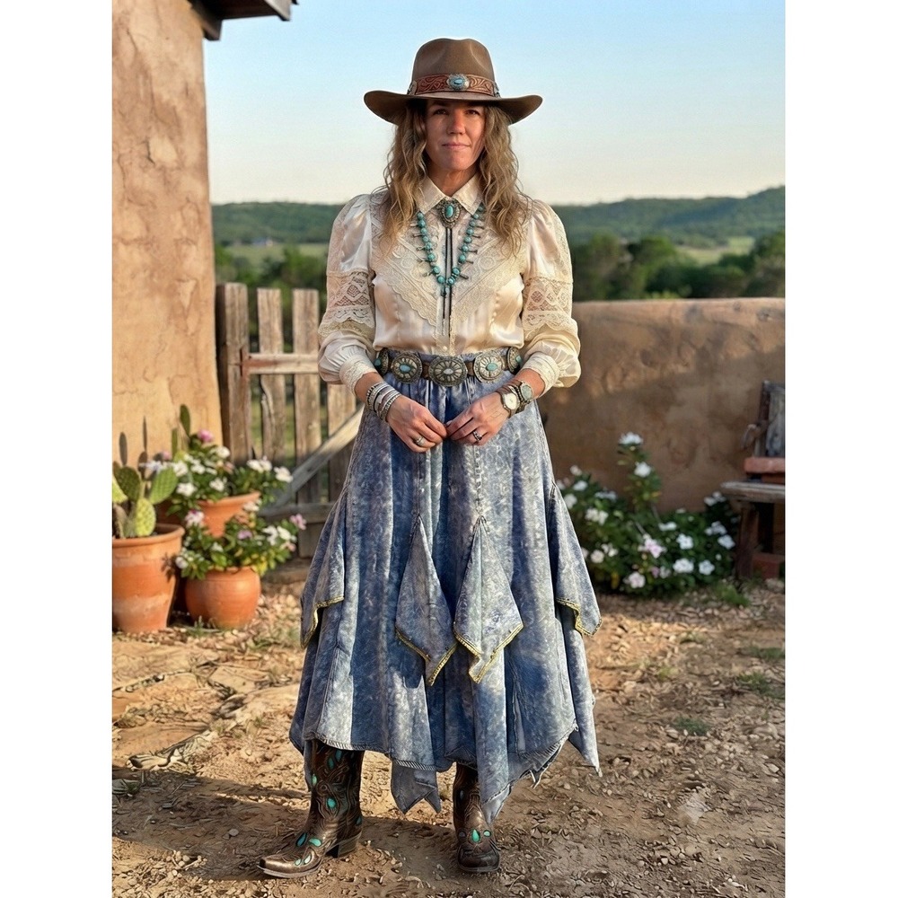 VTG 80s Varda Garfinkel Maxi Skirt Acid Wash handkerchief Western Rodeo Festival